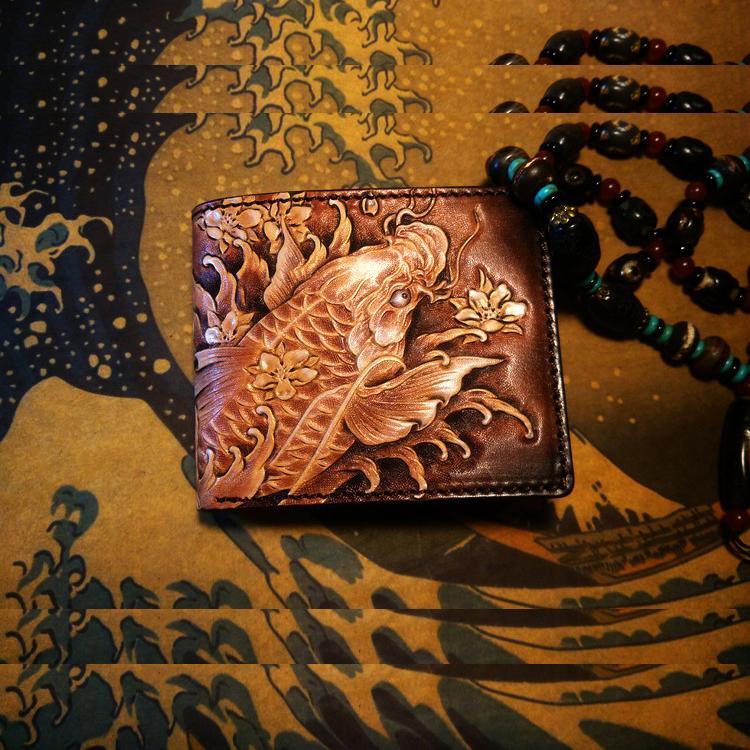Handmade Leather Carp Fish Tooled Mens billfold Wallet Cool Leather Wallet Slim Wallet for Men - imessengerbags