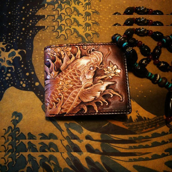 Handmade Leather Carp Fish Tooled Mens billfold Wallet Cool Leather Wallet Slim Wallet for Men - imessengerbags