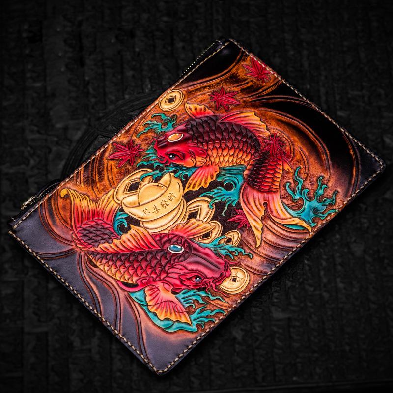 Handmade Leather Tibet Scriptures Tooled Wristlet Bag iPad Bag Mens Cool Leather Wallet Long Clutch for Men - imessengerbags