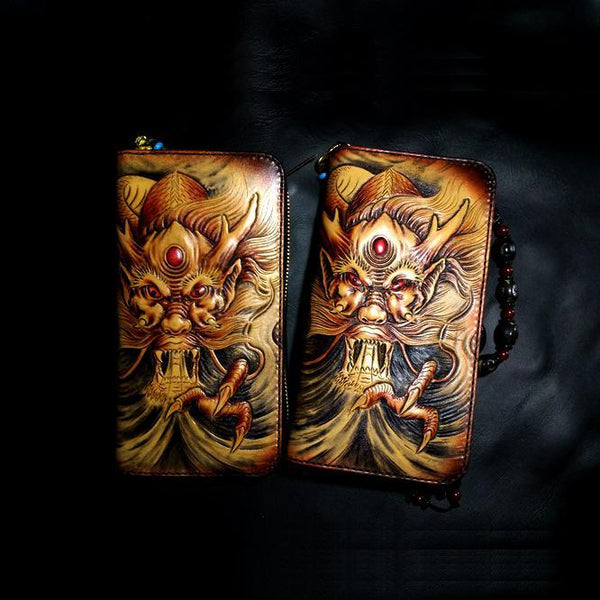 Handmade Leather Chinese Dragon Zipper Mens Long Wallet Clutch Cool Leather Wallet Long Tooled Wallets for Men - imessengerbags