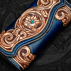 Handmade Leather Men Tooled Blue Floral Cool Leather Wallet Long Phone Clutch Wallets for Men - imessengerbags