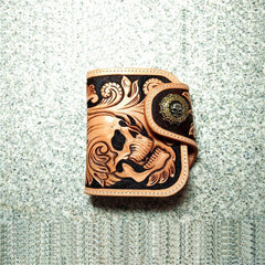 Handmade Leather billfold Tooled Skull Biker Wallet Mens Wallet With Chain Wallet Biker Wallet for Men - imessengerbags