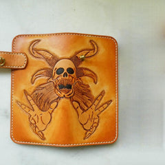 Handmade Leather Skull Devil Mens Chain Wallet Biker Wallet Cool Leather Wallet Long Tooled Wallets for Men