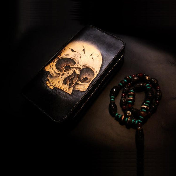 Handmade Leather Skull Double Zipper Mens Long Wallet Clutch Cool Leather Wallet Long Tooled Wallets for Men - imessengerbags