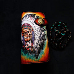 Handmade Leather Skull Indian Mens Chain Wallet Biker Wallet Cool Leather Wallet Long Tooled Wallets for Men - imessengerbags