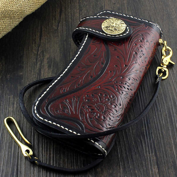Handmade Tooled Leather Men's Biker Wallet Motorcycle Wallet Long Wallet with Chain For Men - imessengerbags