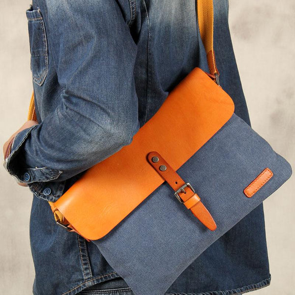 Mens Canvas Leather Messenger Bag Shoulder Bag Crossbody Bag for Men