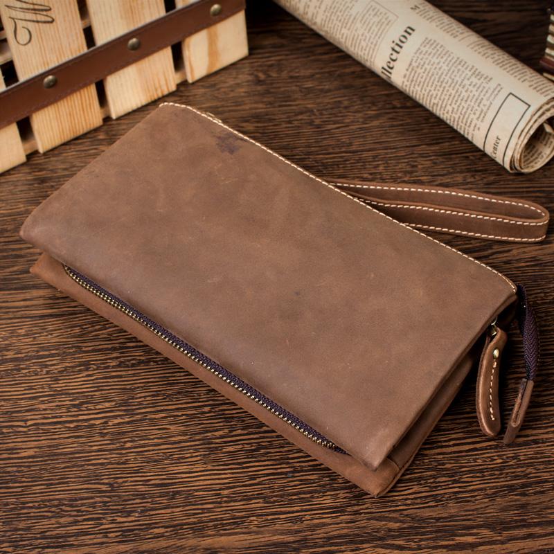 Light Brown Cool Mens long Wallet Wristlet Wallet Clutch Wallet Dark Brown Long Wallets for Men - imessengerbags