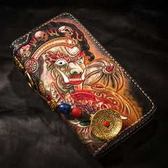 Handmade Leather Tooled Mahākāla Mens Chain Biker Wallet Cool Leather Wallet Long Clutch Wallets for Men - imessengerbags