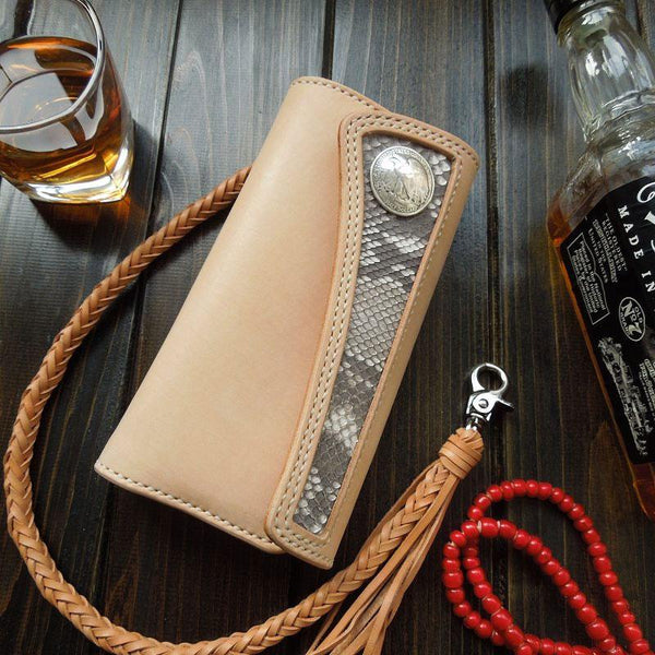 Handmade Leather Biker Wallet Boa Skin Trifold Mens Cool Chain Wallet Trucker Wallet with Chain - imessengerbags