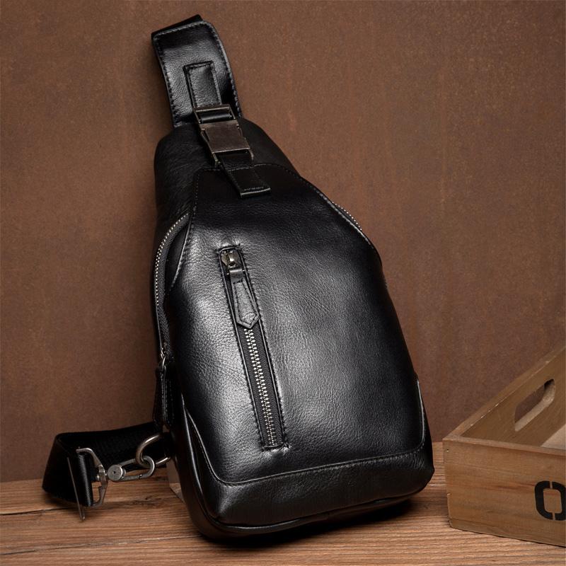 Cool Black Leather Mens Sling Bags Crossbody Pack Black Chest Bags Sling Pack for men - imessengerbags