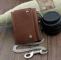 Badass Brown Leather Men's Trifold Small Biker Wallet Chain Wallet Wallet with chain For Men - imessengerbags