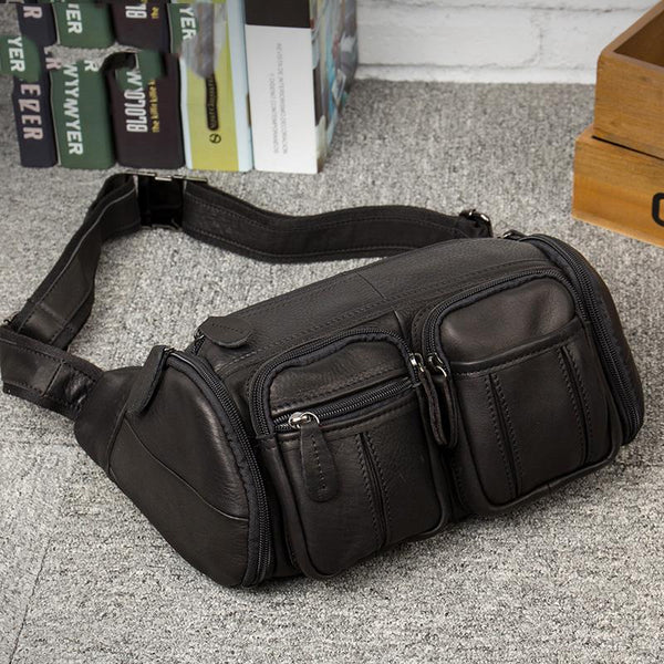 Black Leather Mens Cool Barrel Fanny Pack Hip Pack Bum Bag for men