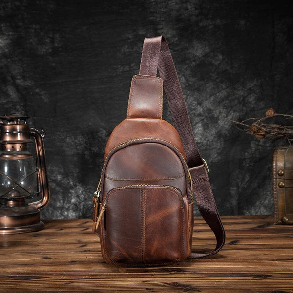 Cool Vintage Leather Mens Sling Bag Chest Bag Vintage One Shoulder Backpack For Men - imessengerbags