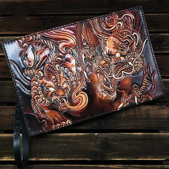 Black Handmade Tooled Leather Double Carps Clutch Wallet Wristlet Bag Clutch Purse For Men - imessengerbags