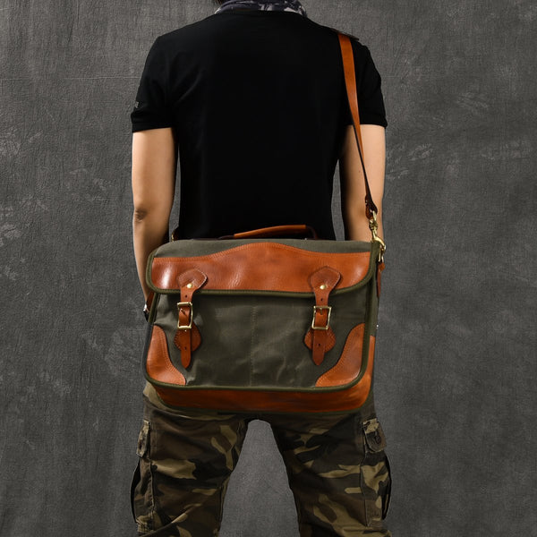 Canvas Leather Mens 14‘’ Army Green Briefcase Side Bag Retro Messenger Bag Shoulder Bag For Men - imessengerbags