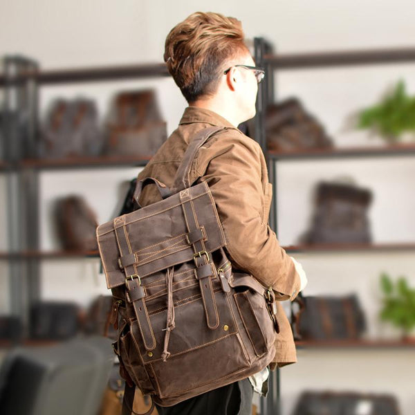 Cool Canvas Mens Vintage Large Black Backpack Computer Khaki Backpack Travel Backpack Hiking Backpackfor Men - imessengerbags