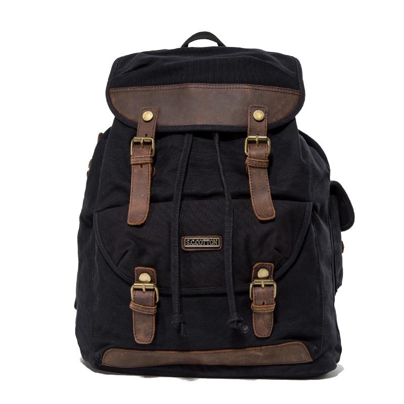 Canvas Leather Mens Women 16" Black Travel Backpack Khaki Computer Bag College Backpack for Men - imessengerbags