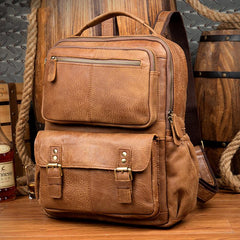 Casual Brown Leather Mens 14 inches Travel School Backpacks Computer Backpack for Men