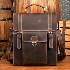 Casual Brown Leather Mens 14 inches School Backpacks Shoulder Briefcase Computer Backpack for Men - imessengerbags