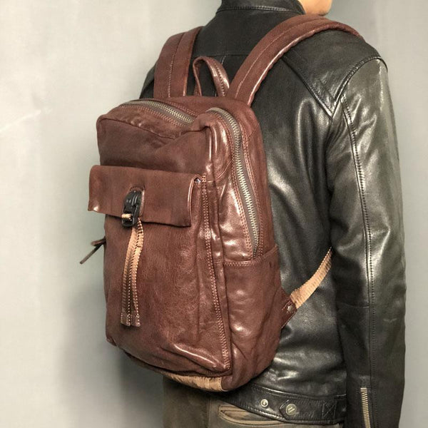 Genuine Leather Mens Cool Backpack Sling Bag Large Black Travel Bag Hiking Bag for men - imessengerbags