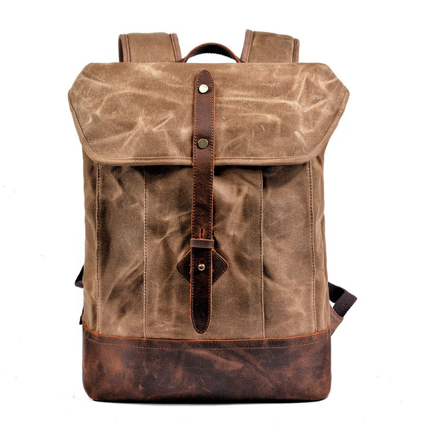 Cool Waxed Canvas Black Leather Waterproof 15'' Barrel Backpack Travel Backpack Bucket Hiking Backpack for Men - imessengerbags