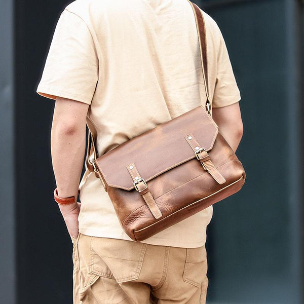 Cool Brown Leather Mens Small Courier Bags Vintage Brown Messenger Bag Postman Bag For Men - imessengerbags