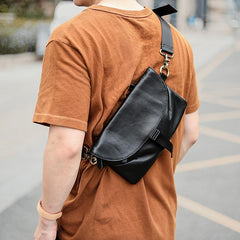 Black Leather Mens Small Courier Bag Chest Bag Messenger Bags Black Sling Bag For Men - imessengerbags