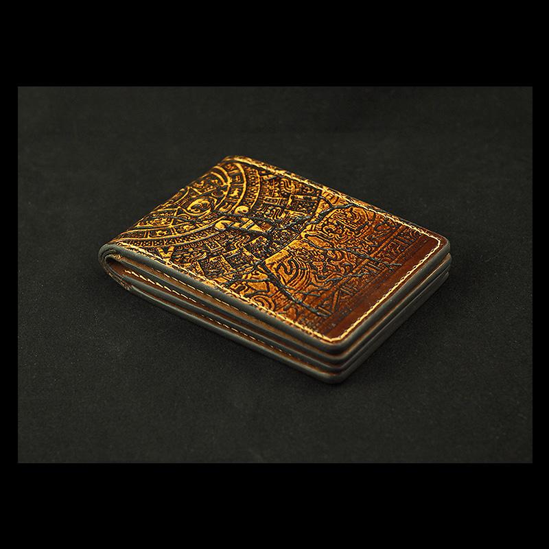 Handmade Leather Tooled Xiuhpohualli Calendar License Wallet Mens Card billfold Wallet Cool Leather Wallet Slim Wallet for Men - imessengerbags