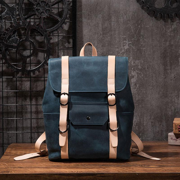 Cool Mens Blue Leather Backpack School Backpack Leather Laptop Backpack for Men - imessengerbags