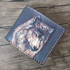 Handmade Wolf Black Tooled Leather billfold Wallet Small Wallet Cool Wallet For Men