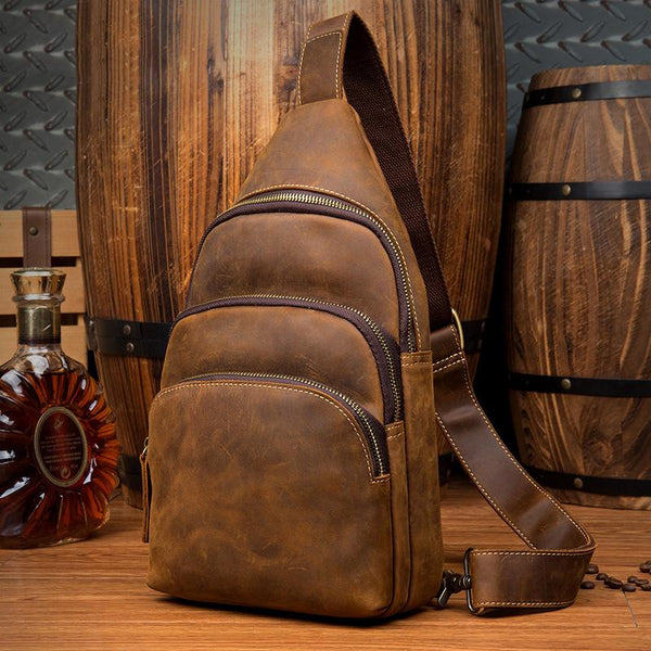 Casual Brown Leather Mens Sling Pack Sling Bags Chest Bag One Shoulder Backpack for Men - imessengerbags
