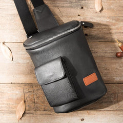 Badass Black Leather Men's Barrel Sling Bag Chest Bag Black Sling Pack One shoulder Backpack Waist Bag For Men - imessengerbags