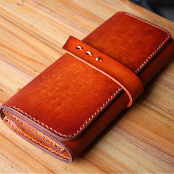 Handmade Leather Mens Long Trifold Wallet Vintage Cool Long Wallet for Men - imessengerbags