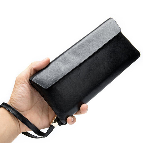 Cool Leather Long Wallet for Men Black Envelope Wallet Wristlet Clutch Wallet For Men