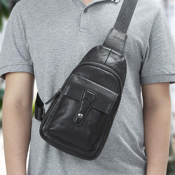 Black Mens Leather Sling Bag Chest Bag One shoulder Black Backpack Sports Bag For Men