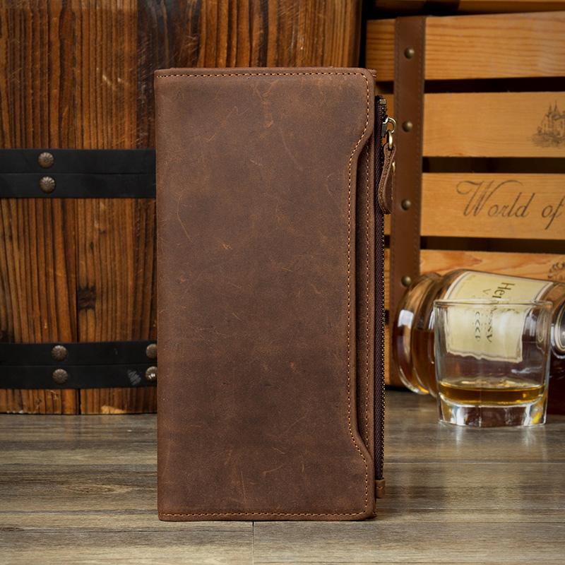 Brown Cool Mens long Wallet Wristlet Bag Clutch Bag Bifold Long Wallet Hand Bags for Men - imessengerbags