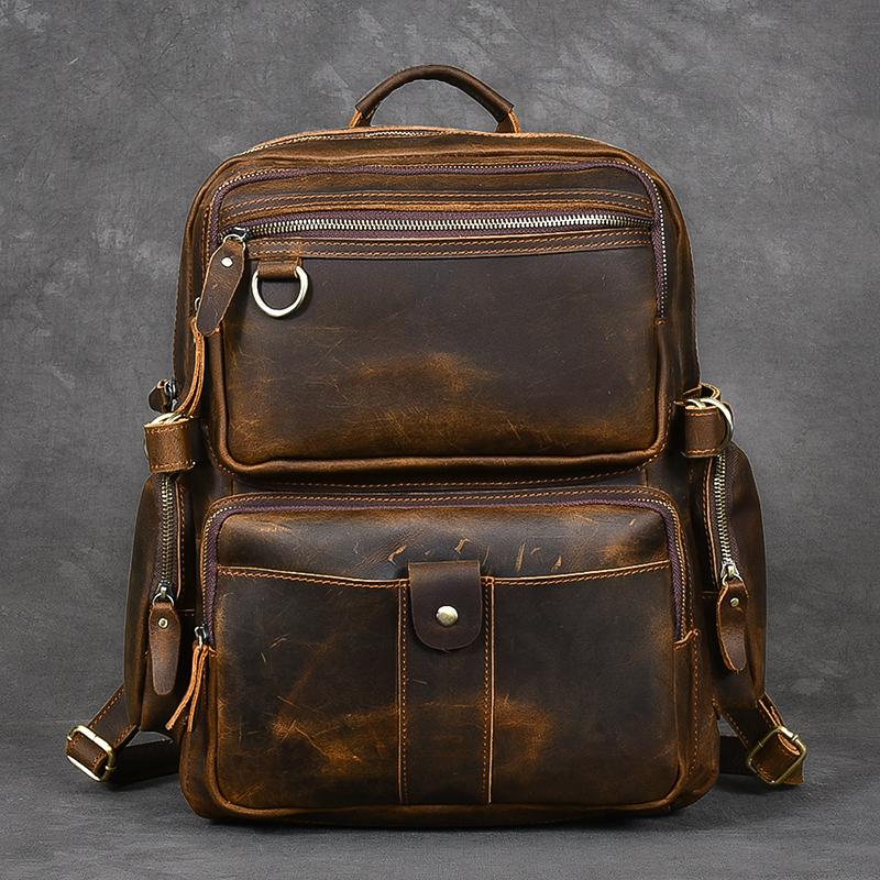 Brown Leather Mens 14" Laptop Hiking Backpack Travel Backpack College Backpack for Men - imessengerbags