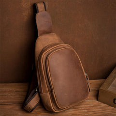Cool Dark Brown Leather Mens Cool Sling Bag Crossbody Pack Brown Chest Bag Sling Pack for men - imessengerbags