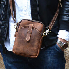 Vintage Brown Leather Men's Cell Phone Holsters Brown Belt Pouch Mini Side Bag For Men - imessengerbags