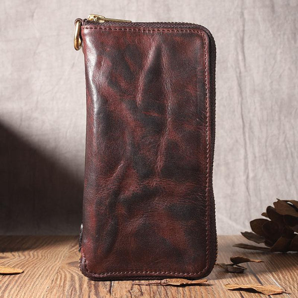 Handmade Leather Mens Long Chain Wallet Bifold Biker Wallet Zipper Clutch Wallet for Men - imessengerbags