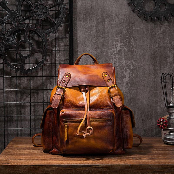 Vintage Mens Leather School Backpack Travel Backpack Leather Hiking Backpack for Men - imessengerbags