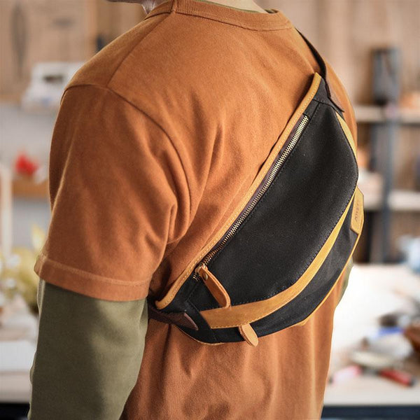 Cool Canvas Leather Mens Chest Bag Green Waist Bag Fanny Pack Hip Bag Bum Pack For Men