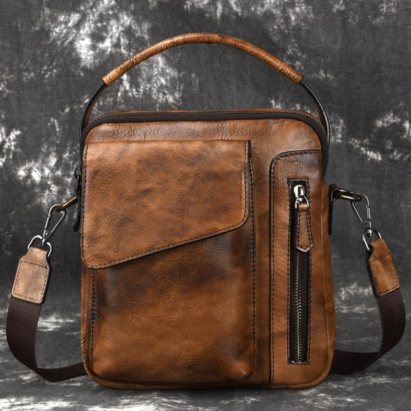 Vintage Brown Leather Men's Small Side Bag Vertical Business Handbag Black Courier Bag For Men - imessengerbags