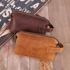 Cool Brown Leather Men's Red Brown Storage Bag Clutch Bag Portable Bag Mini Handbag for Men