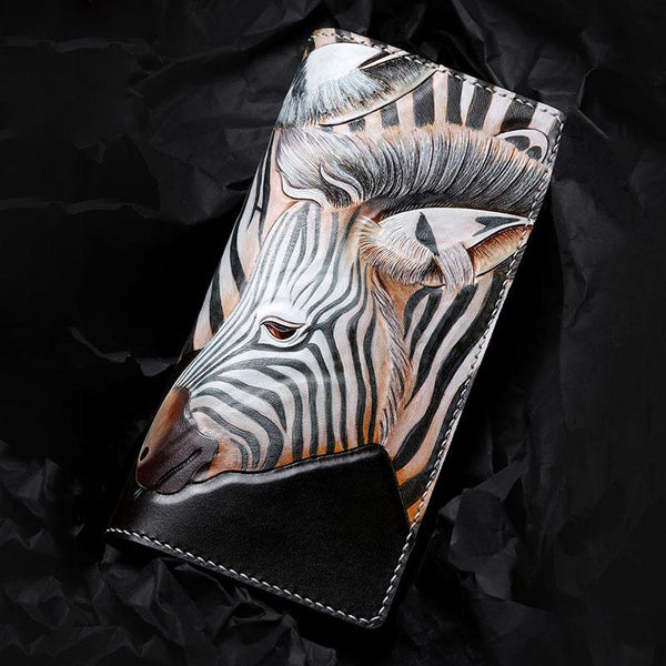 Handmade Leather Zebra Tooled Mens Chain Biker Wallet Cool Leather Wallet With Chain Wallets for Men - imessengerbags