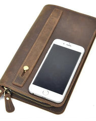 LEATHER MENS Wristlet Wallet Double Zipper Vintage Coffee Clutch FOR MEN