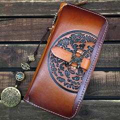 Brown Handmade Tibet Tooled Leather Long Biker Wallet Black Chain Wallet Clutch Wallet For Men - imessengerbags