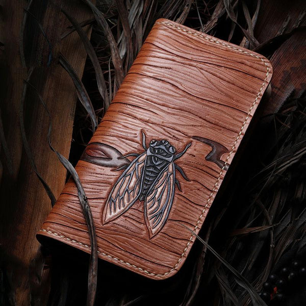 Handmade Leather Mens Clutch Wallet Cool Cicada Tooled Wallet Long Zipper Wallets for Men - imessengerbags