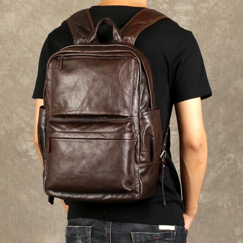 Genuine Leather Mens Cool Backpack Sling Bag Large Coffee Travel Bag Hiking Bag for men - imessengerbags
